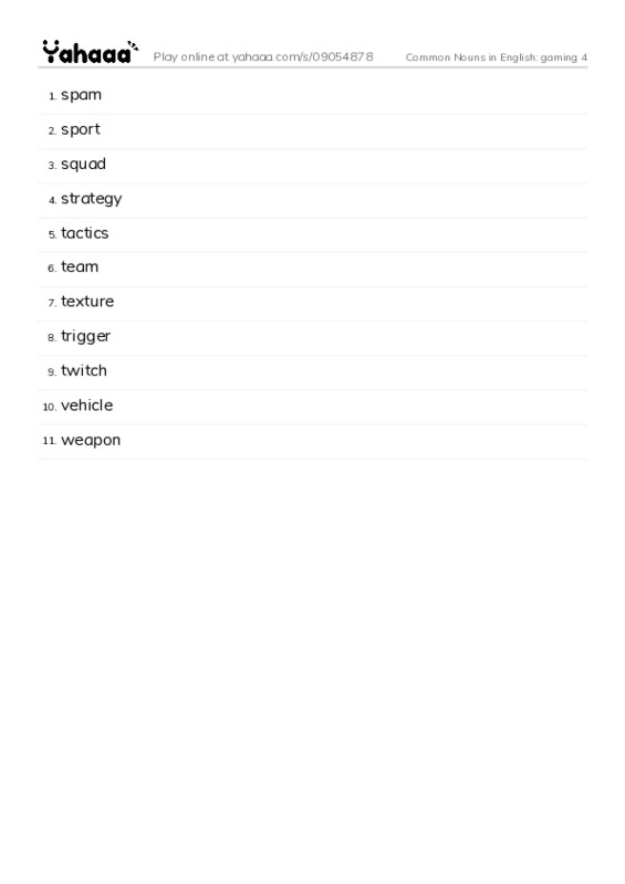 Common Nouns in English: gaming 4 PDF words glossary
