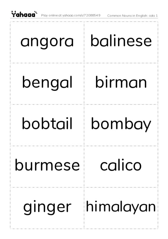 Common Nouns in English: cats 1 PDF two columns flashcards