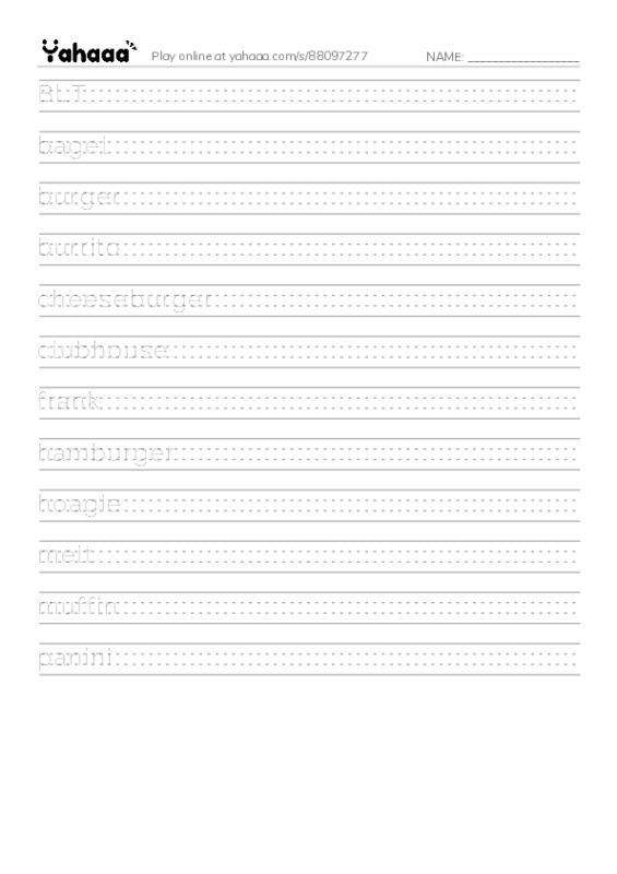 Common Nouns in English: fast food 1 PDF write between the lines worksheet