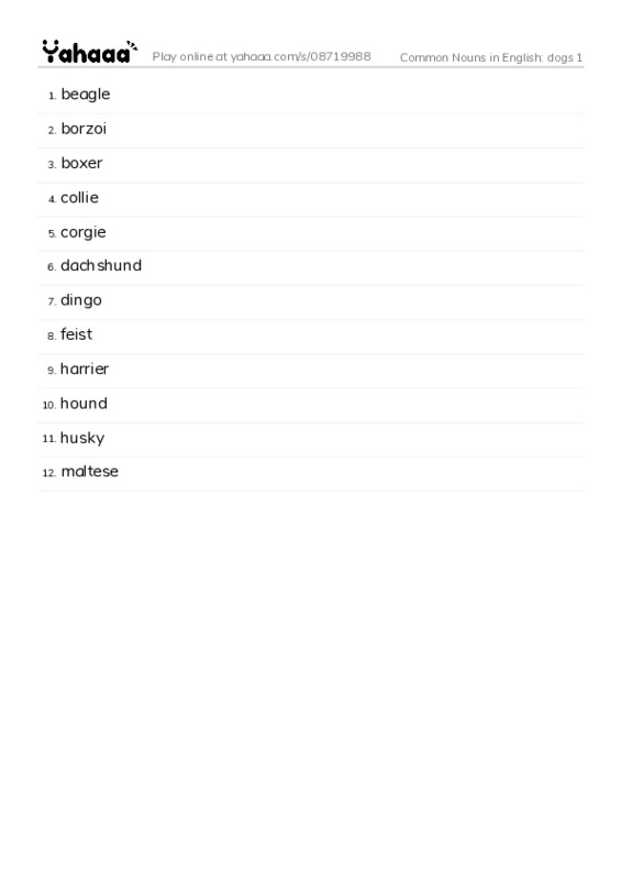 Common Nouns in English: dogs 1 PDF words glossary