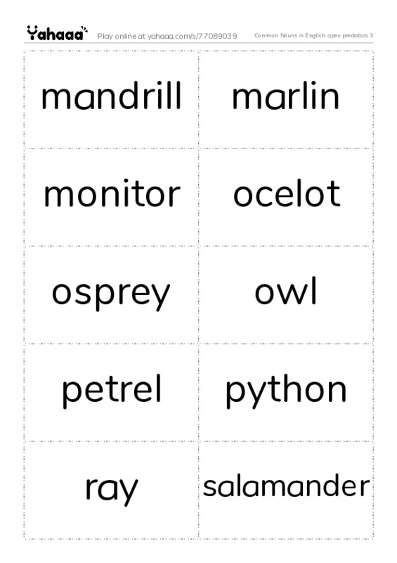 Common Nouns in English: apex predators 3 PDF two columns flashcards