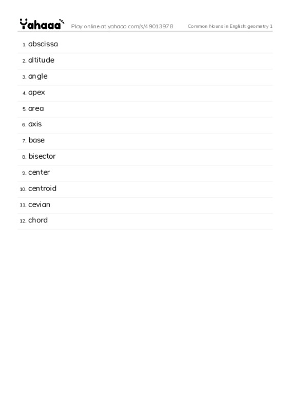 Common Nouns in English: geometry 1 PDF words glossary