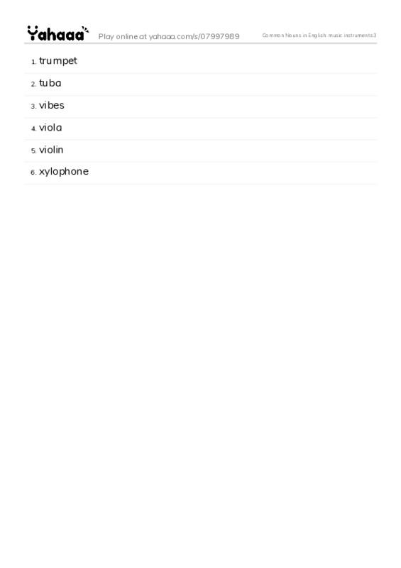 Common Nouns in English: music instruments 3 PDF words glossary