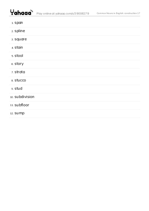 Common Nouns in English: construction 17 PDF words glossary