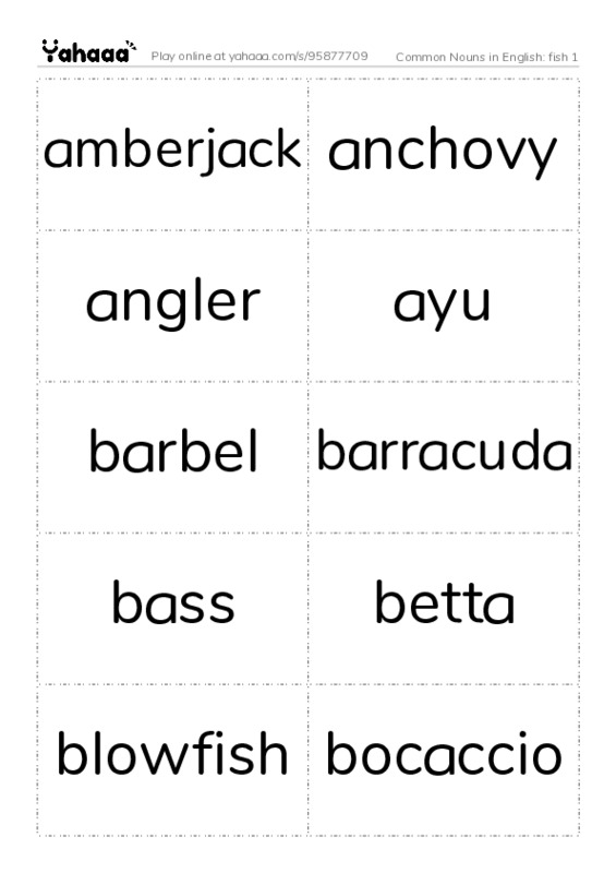 Common Nouns in English: fish 1 PDF two columns flashcards