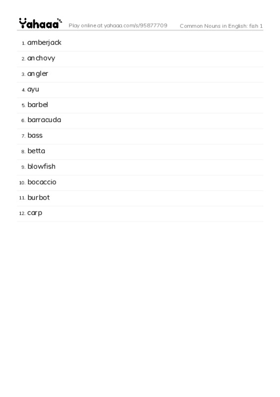 Common Nouns in English: fish 1 PDF words glossary