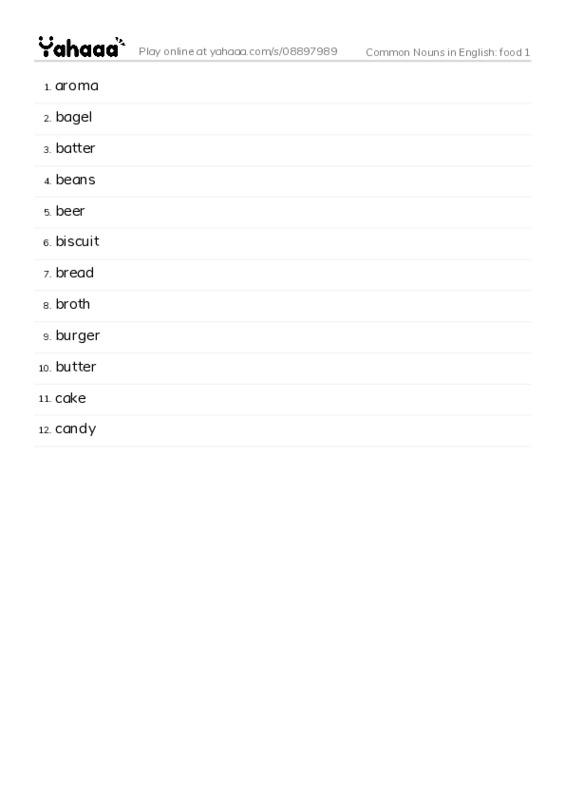 Common Nouns in English: food 1 PDF words glossary