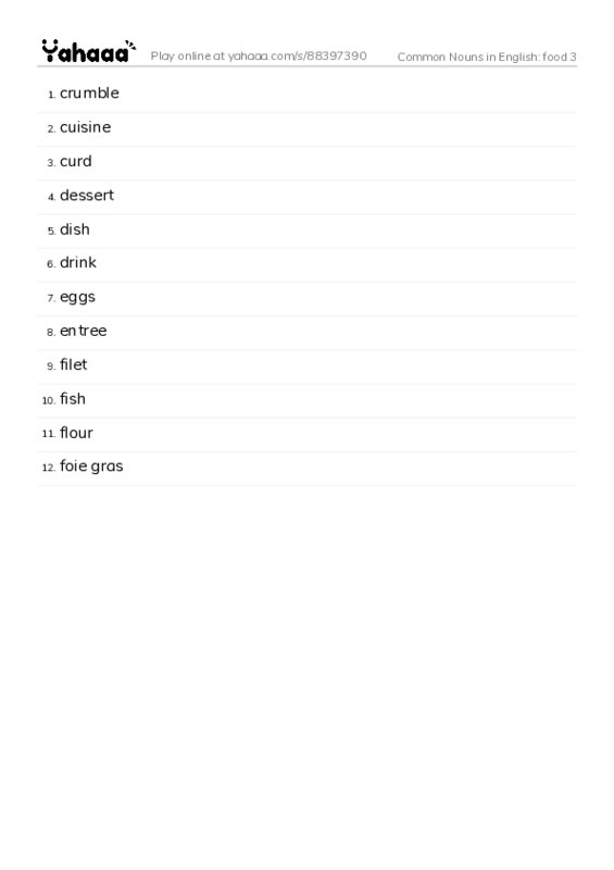 Common Nouns in English: food 3 PDF words glossary