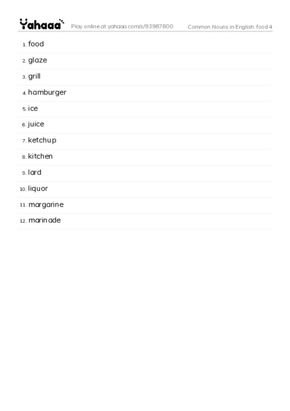 Common Nouns in English: food 4 PDF words glossary