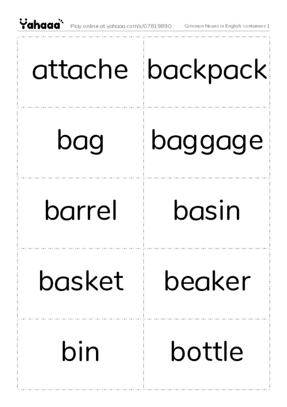 Common Nouns in English: containers 1 PDF two columns flashcards