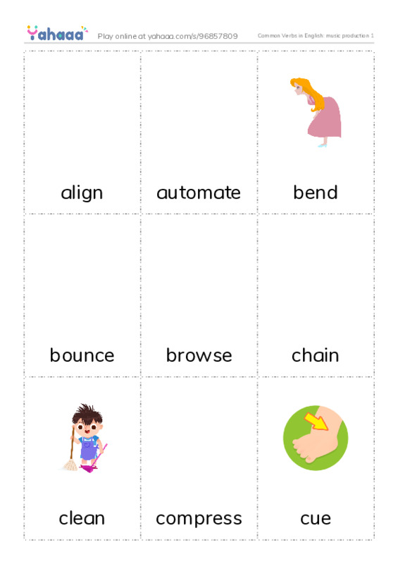 Common Verbs in English: music production 1 PDF flaschards with images