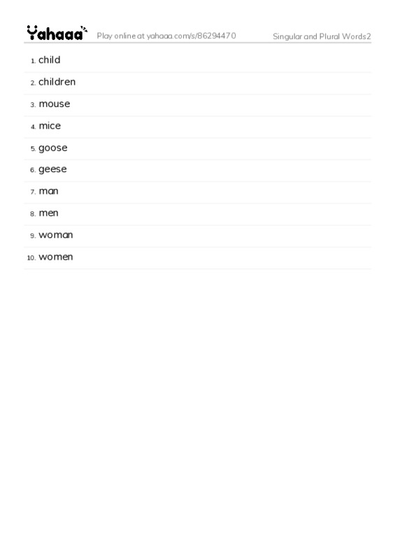 Singular and Plural Words2 PDF words glossary