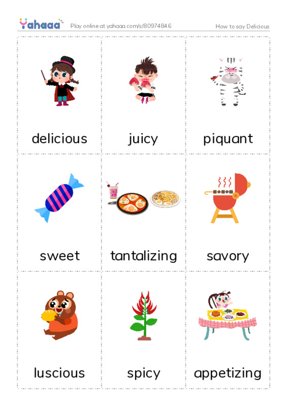 Picture flashcards worksheet for How to say Delicious