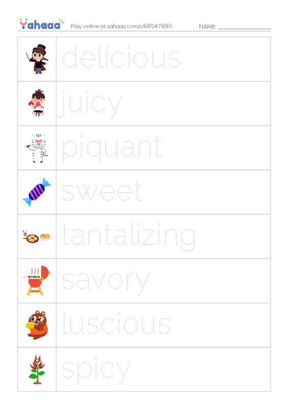 Picture and word rows worksheet for How to say Delicious