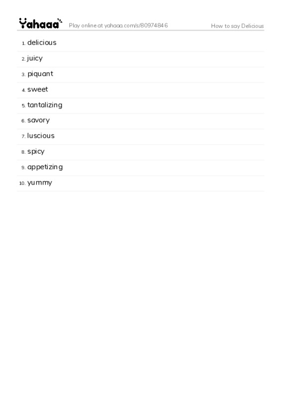 Word list with meanings worksheet for How to say Delicious