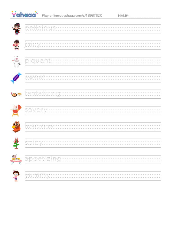 Handwriting lines worksheet for How to say Delicious