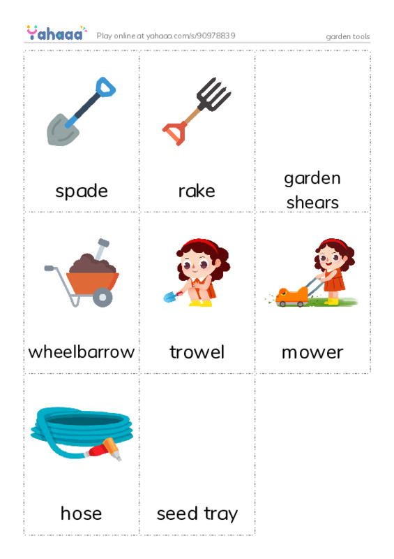 Picture flashcards worksheet for garden tools