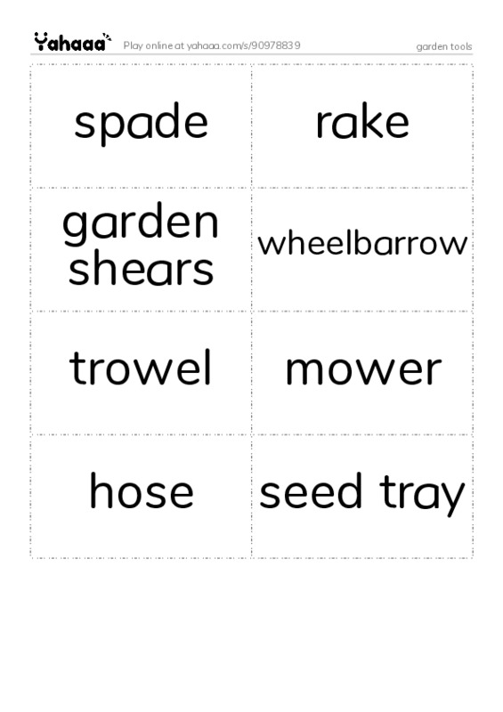 Word flashcards worksheet for garden tools