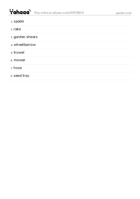 Word list with meanings worksheet for garden tools