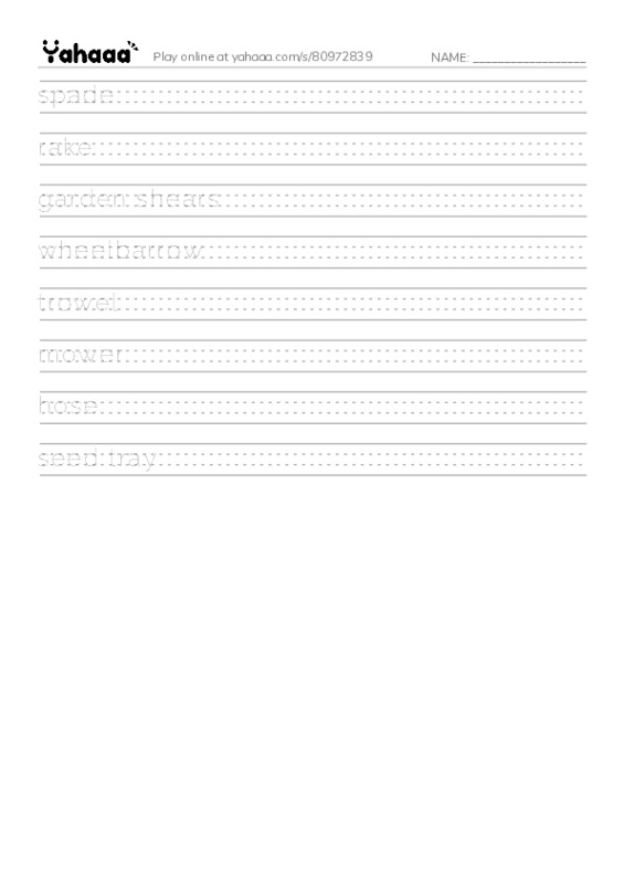 Handwriting lines worksheet for garden tools