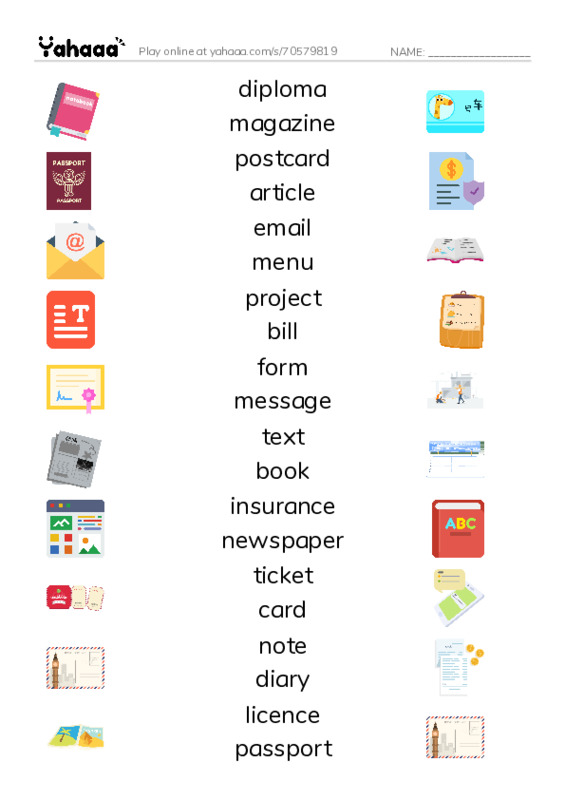 KET Vocabulary: Documents and Texts advertisement PDF three columns match words