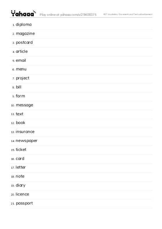 KET Vocabulary: Documents and Texts advertisement PDF words glossary