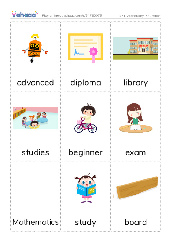 KET Vocabulary: Education PDF flaschards with images