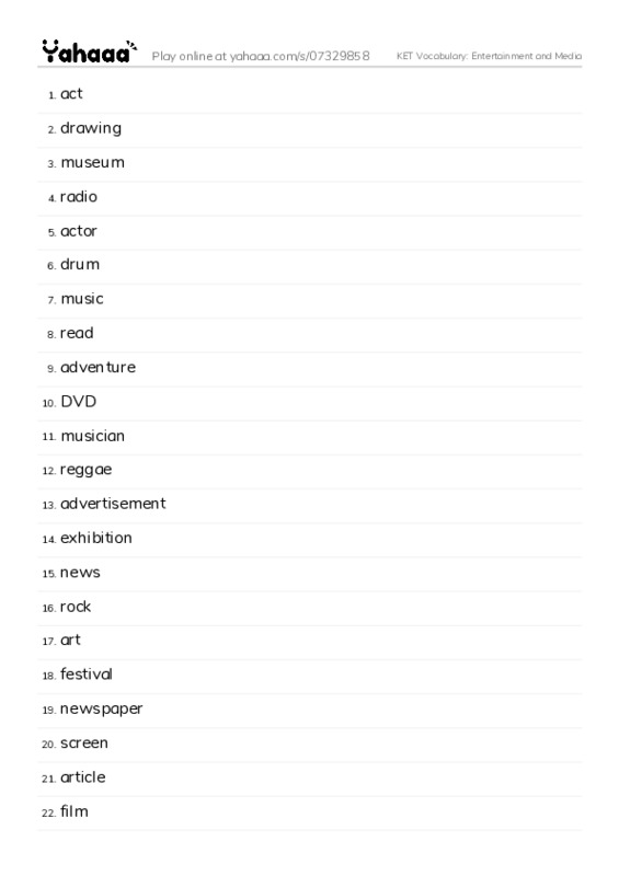 KET Vocabulary: Entertainment and Media PDF words glossary