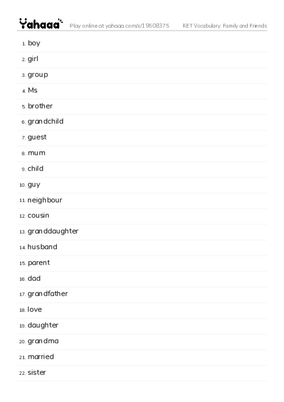 KET Vocabulary: Family and Friends PDF words glossary