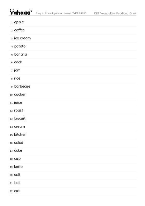 KET Vocabulary: Food and Drink PDF words glossary