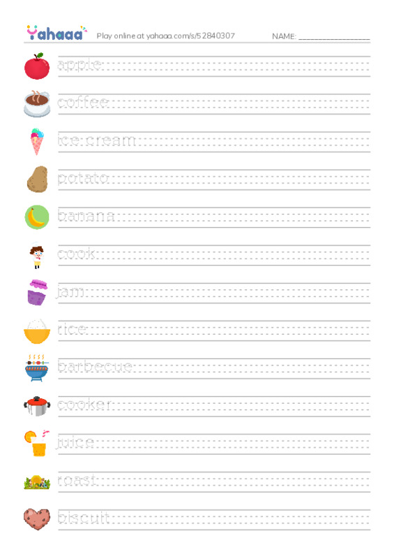 KET Vocabulary: Food and Drink PDF write between the lines worksheet