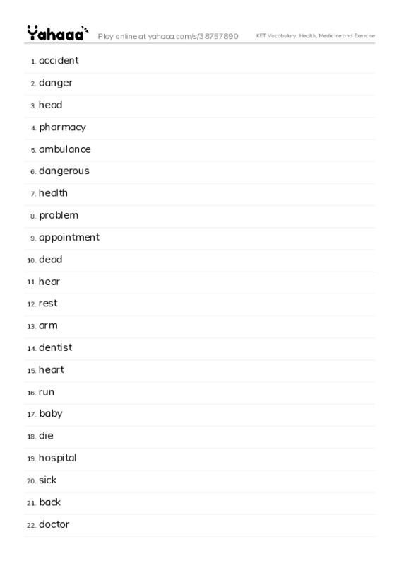 KET Vocabulary: Health, Medicine and Exercise PDF words glossary