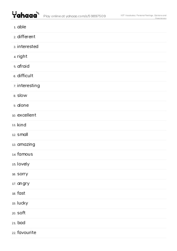 KET Vocabulary: Personal Feelings, Opinions and Experiences PDF words glossary