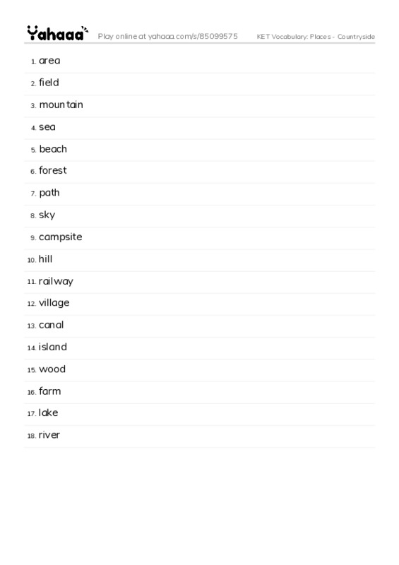 KET Vocabulary: Places - Countryside PDF words glossary