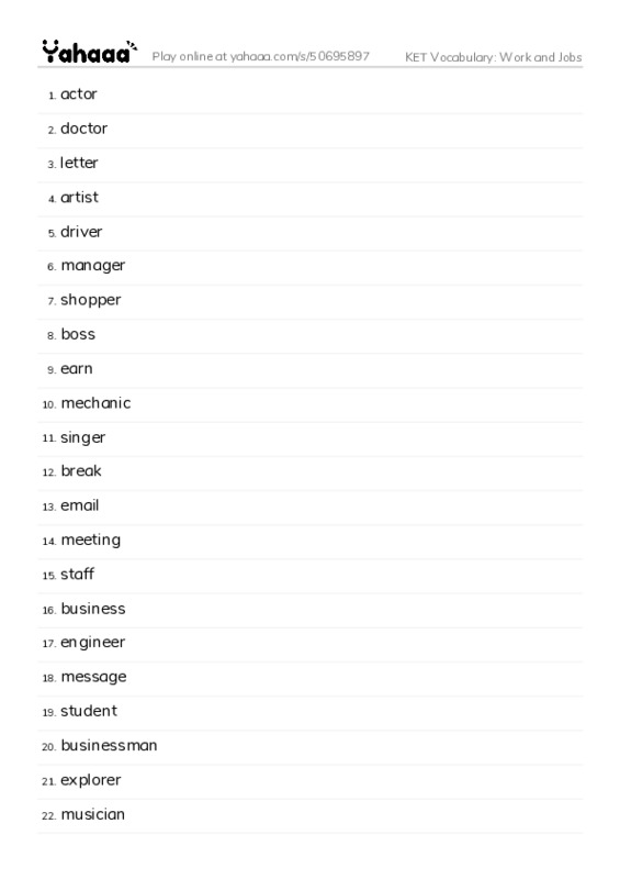 KET Vocabulary: Work and Jobs PDF words glossary