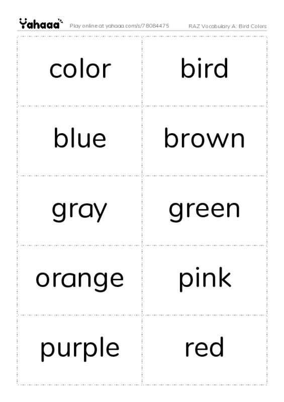 RAZ Vocabulary A: Bird Colors PDF two columns flashcards
