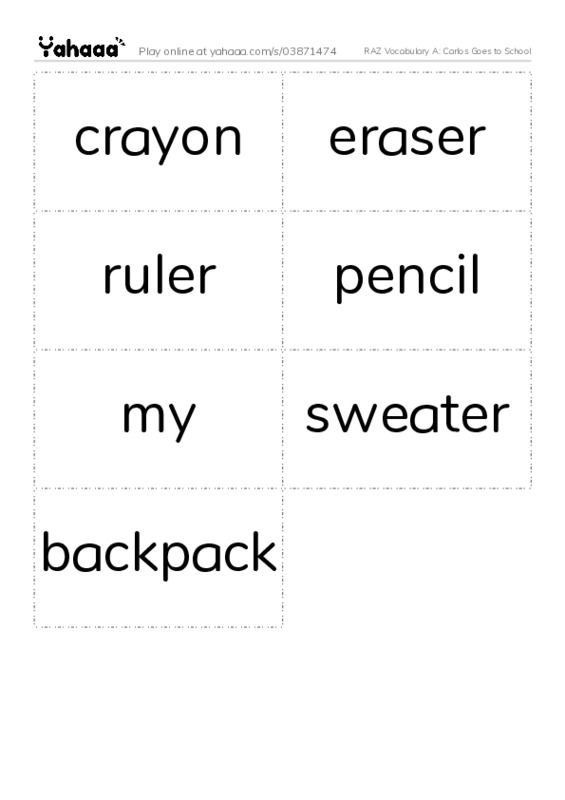 RAZ Vocabulary A: Carlos Goes to School PDF two columns flashcards