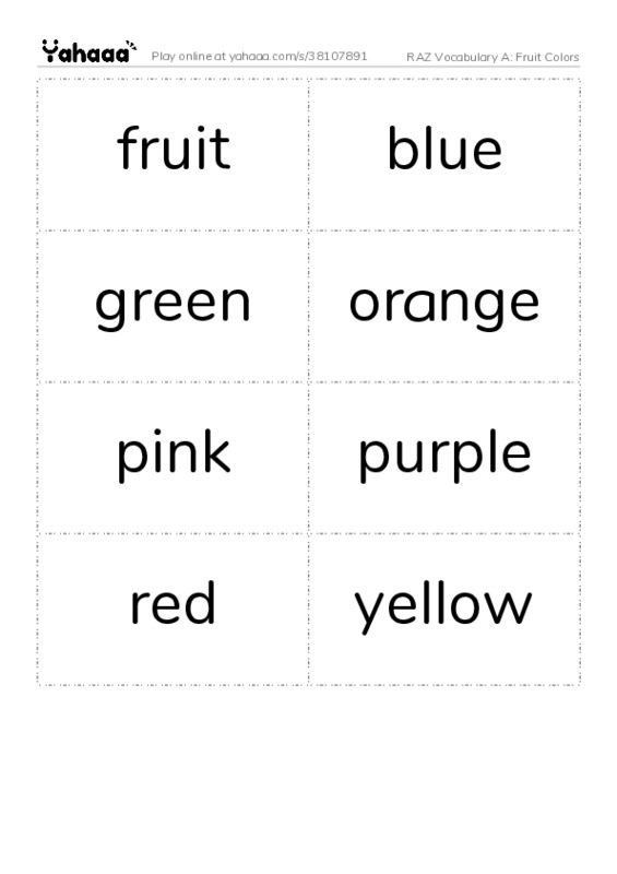RAZ Vocabulary A: Fruit Colors PDF two columns flashcards