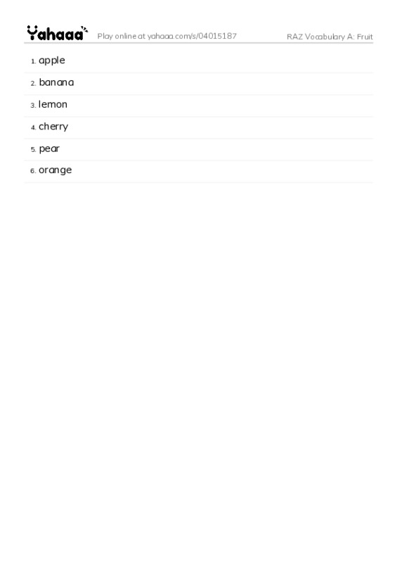 RAZ Vocabulary A: Fruit PDF words glossary