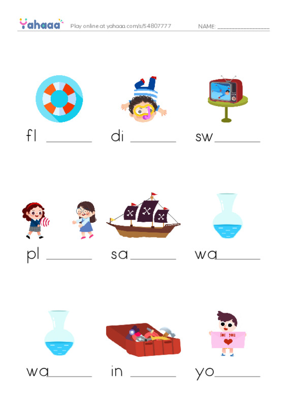 RAZ Vocabulary A: Fun in the Water PDF worksheet to fill in words gaps