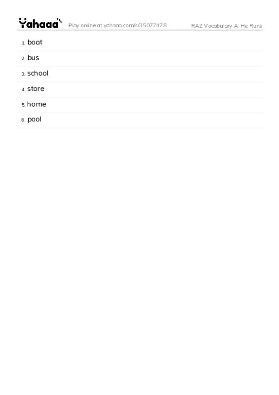 RAZ Vocabulary A: He Runs PDF words glossary