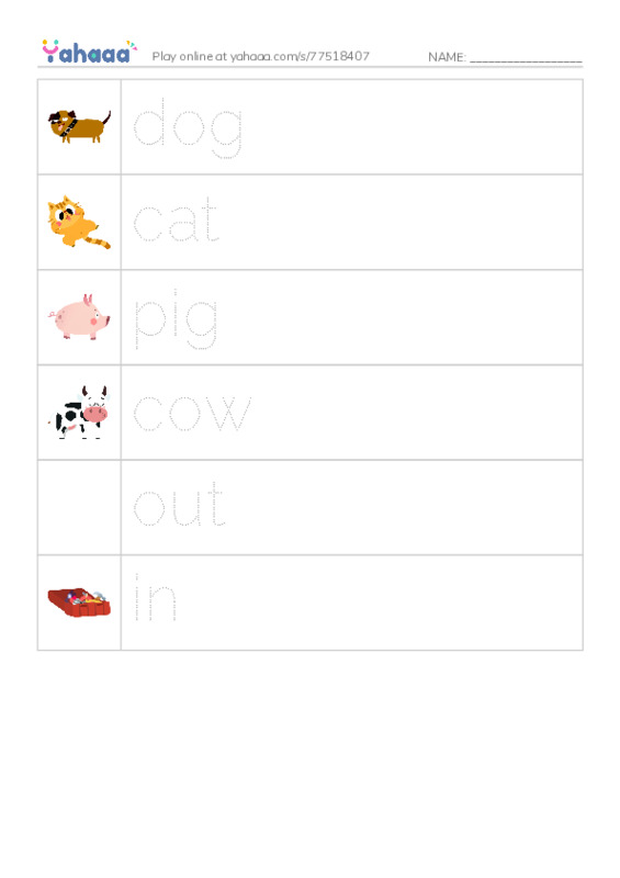 RAZ Vocabulary A: In and Out PDF one column image words