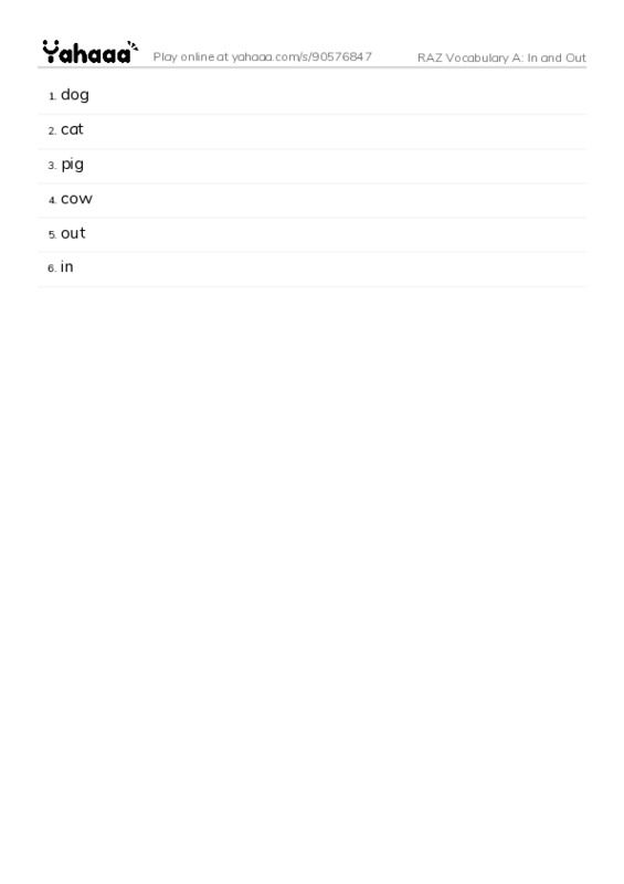 RAZ Vocabulary A: In and Out PDF words glossary