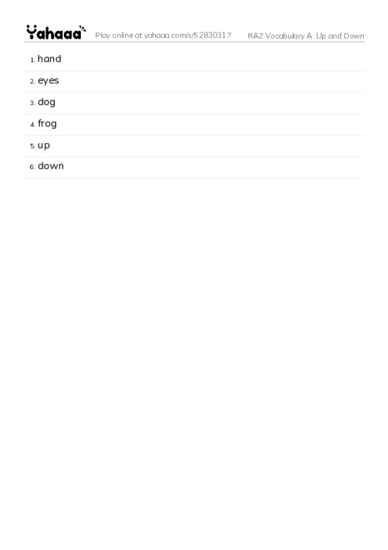 RAZ Vocabulary A: Up and Down PDF words glossary