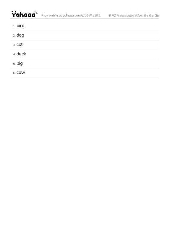 RAZ Vocabulary AAA: Go Go Go PDF words glossary