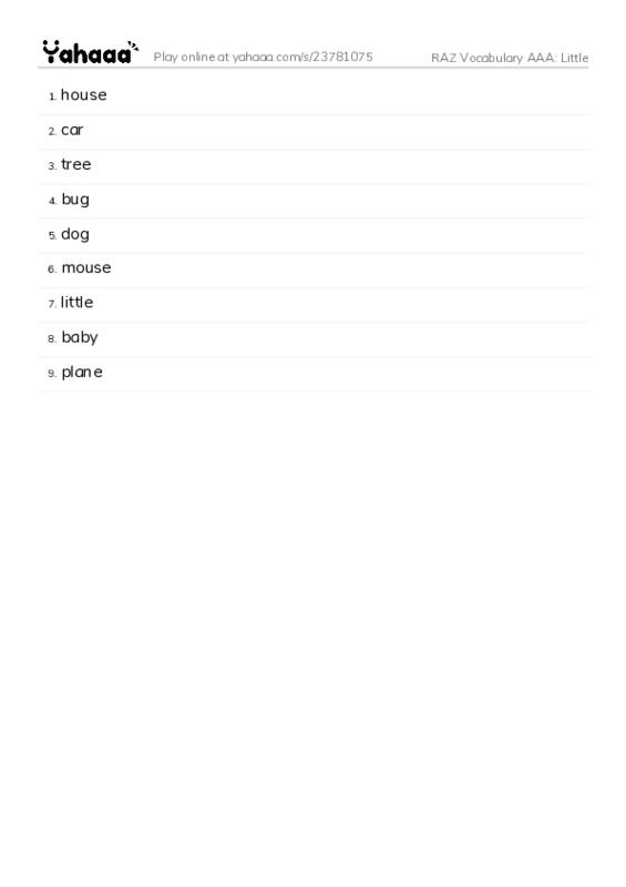 RAZ Vocabulary AAA: Little PDF words glossary