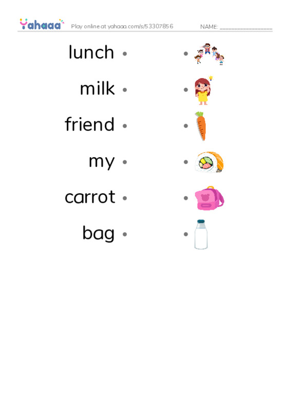 RAZ Vocabulary AAA: Lunch at School PDF link match words worksheet