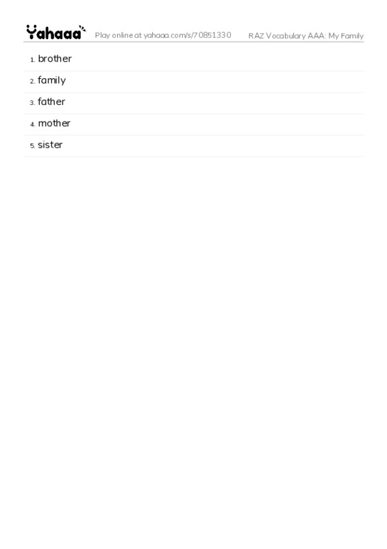 RAZ Vocabulary AAA: My Family PDF words glossary