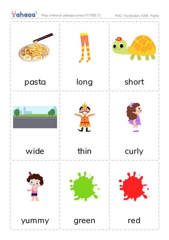 RAZ Vocabulary AAA: Pasta PDF flaschards with images