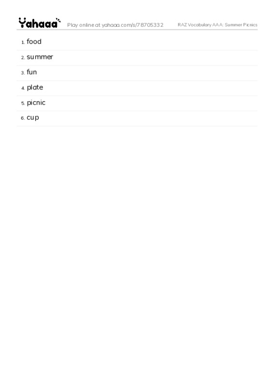 RAZ Vocabulary AAA: Summer Picnics PDF words glossary